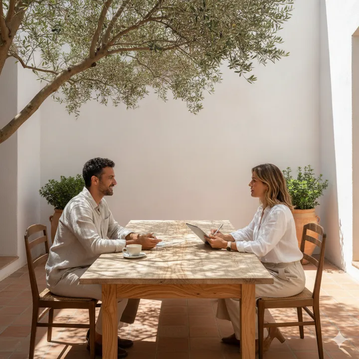 Two people in easy conversation across a wooden table in a shaded courtyard
