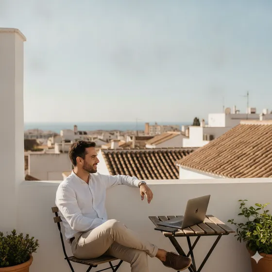 A relaxed founder on a sunlit rooftop terrace overlooking Málaga rooftops and the sea