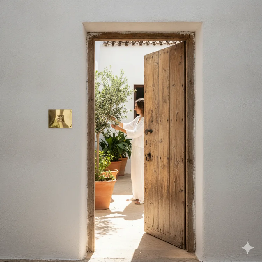 An open weathered wooden door in a whitewashed Andalusian wall, looking through to a sunlit planted courtyard