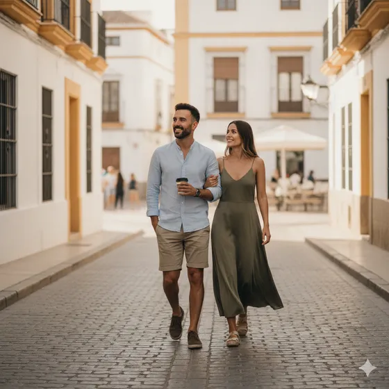 A couple in modern casual clothes walking a sunlit Málaga street with coffee