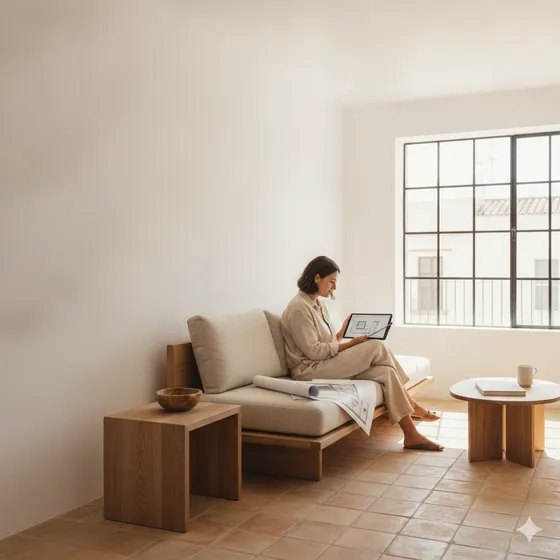 A bright, freshly renovated Andalusian home interior with white walls and terracotta floor