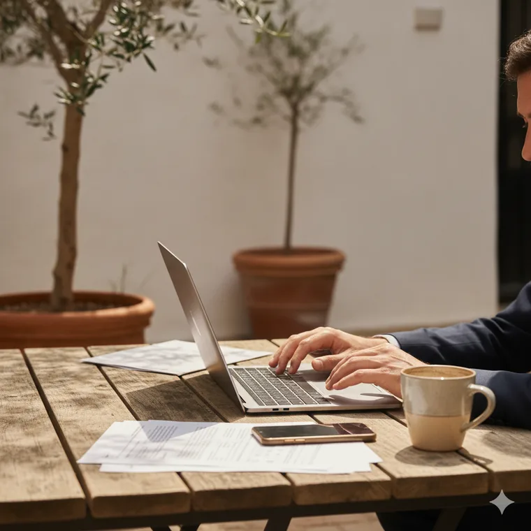 Hands at a wooden courtyard table with a laptop, phone and documents, an olive tree casting soft shade